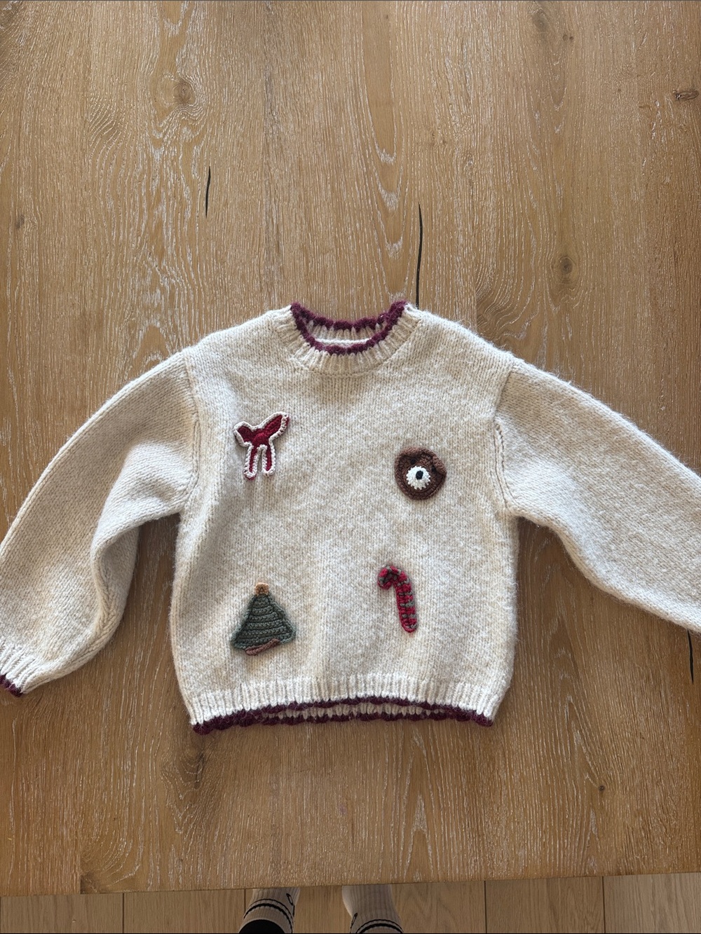 Zara Cream Knit Sweater with Maroon Trim and Festive Patches